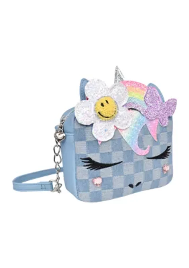 Girls Butterfly Daisy Flowers Crown Denim Checkerboard Crossbody