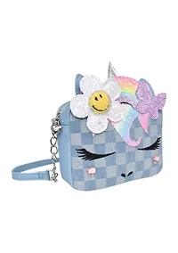 Girls Butterfly Daisy Flowers Crown Denim Checkerboard Crossbody