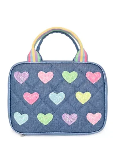Hearts Glitter Print Denim Lunch Bag