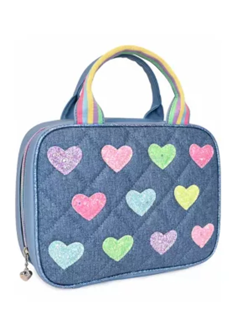 Hearts Glitter Print Denim Lunch Bag