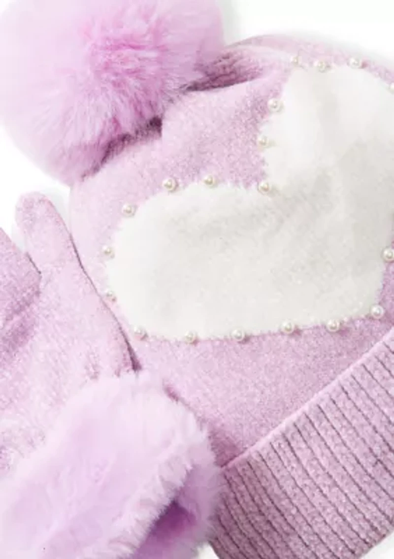Girls 4-6x Heart Hat and Gloves Set