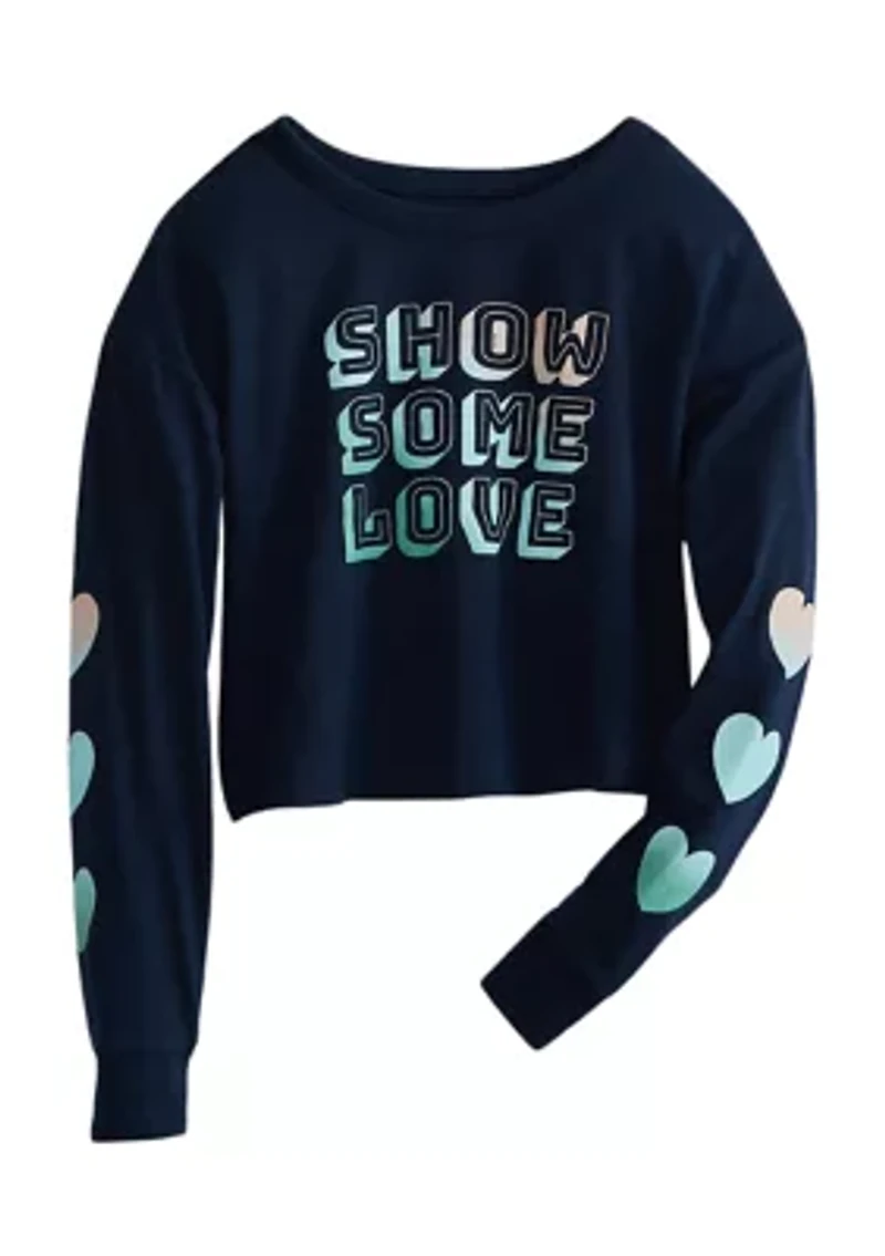 Girls 7-16 Long Sleeve Cropped Graphic T-Shirt with Art