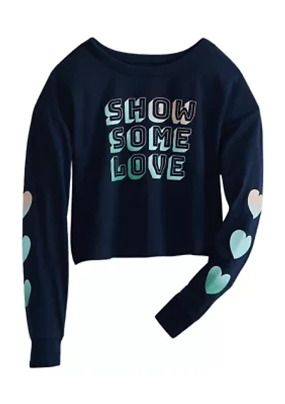 Girls 7-16 Long Sleeve Cropped Graphic T-Shirt with Art