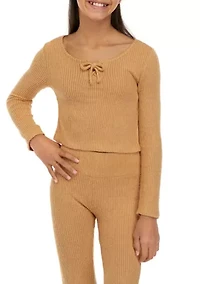 Girls 7-16 Long Sleeve Ribbed Corset Hacci Top