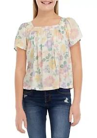 Girls 7-16 Short Sleeve Square Neck Woven Top