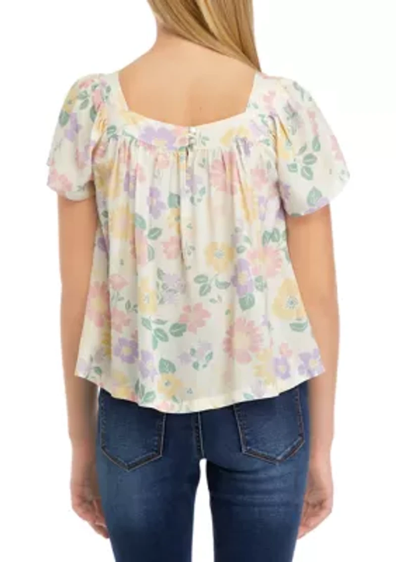 Girls 7-16 Short Sleeve Square Neck Woven Top