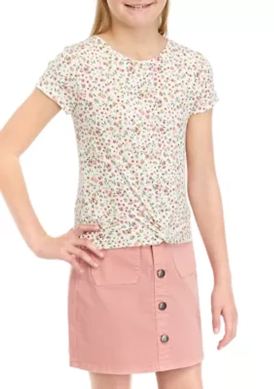 Girls 7-16 Floral Printed Ribbed Knit Twist Top