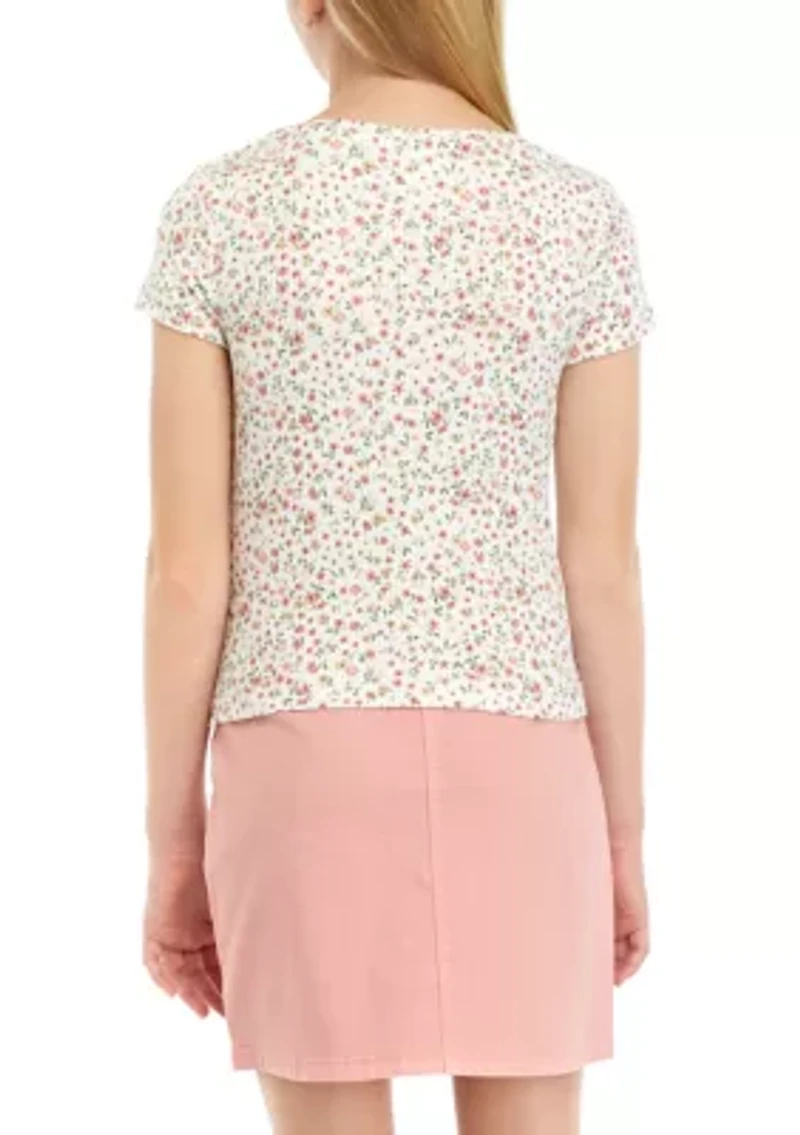 Girls 7-16 Floral Printed Ribbed Knit Twist Top
