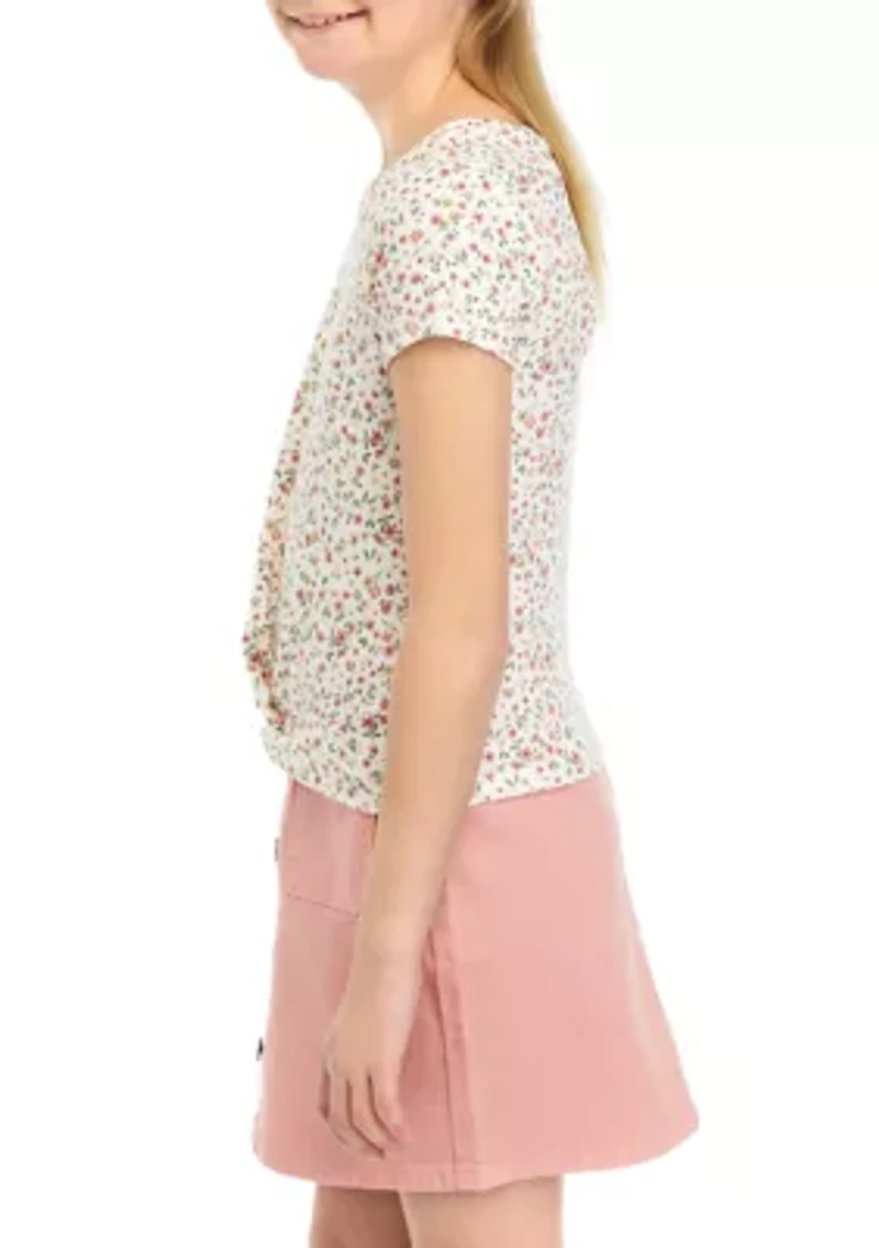Girls 7-16 Floral Printed Ribbed Knit Twist Top