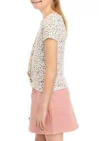 Girls 7-16 Floral Printed Ribbed Knit Twist Top