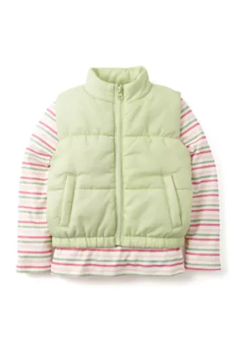 Girls 4-6x Solid Vest with Long Sleeve Printed Top