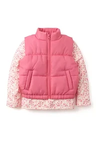 Girls 4-6x Solid Vest with Long Sleeve Printed Top