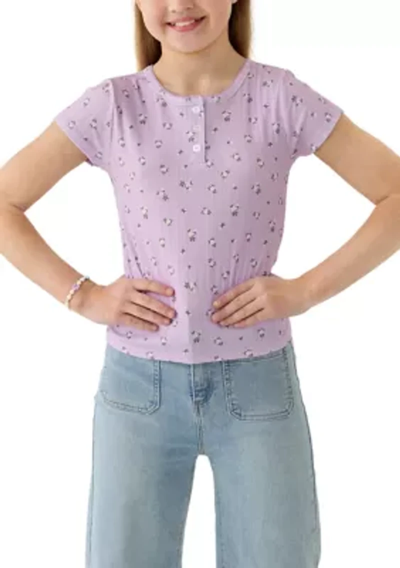 Girls 7-16 Printed Pointelle Henley Shirt