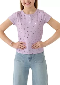 Girls 7-16 Printed Pointelle Henley Shirt