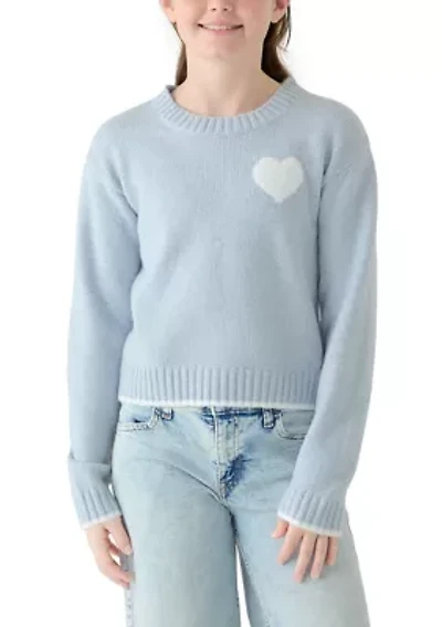 Girls 7-16 Blue Stitched Heart Sweater