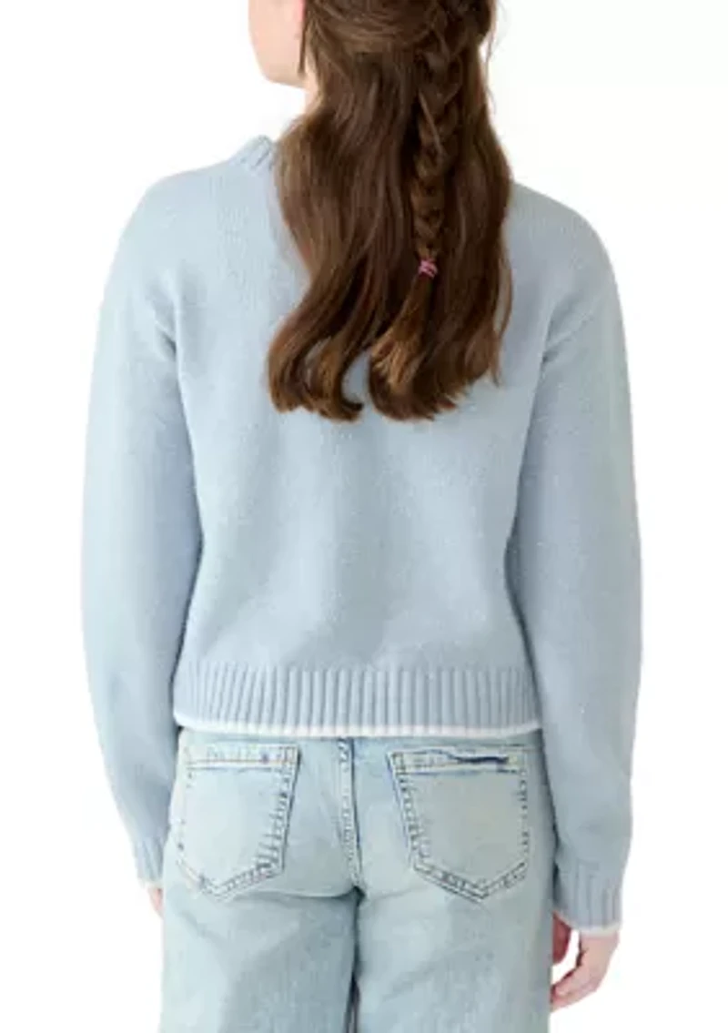 Girls 7-16 Blue Stitched Heart Sweater