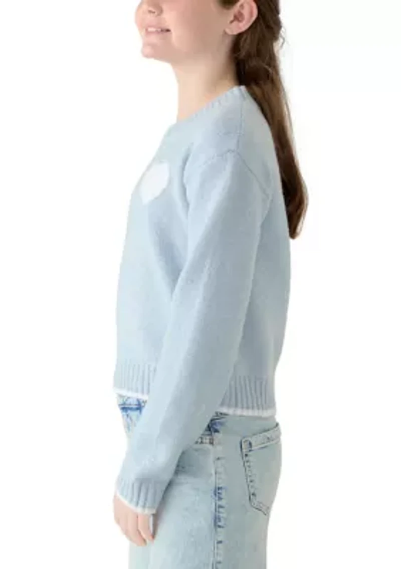 Girls 7-16 Blue Stitched Heart Sweater