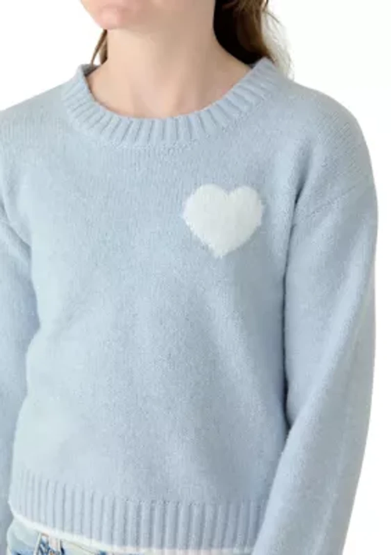 Girls 7-16 Blue Stitched Heart Sweater