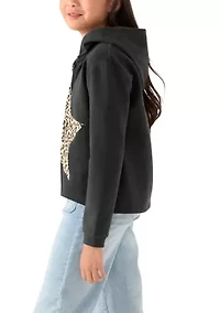 Girls 7-16 Fleece Zip Hoodie with Star Leopard Appliqué