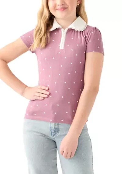 Girls 7-16 Pointelle Polo Shirt with Pearl Trim