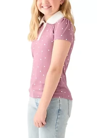 Girls 7-16 Pointelle Polo Shirt with Pearl Trim