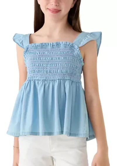 Girls 7-16 Chambray Smocked Flutter Sleeve Top