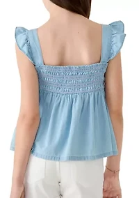 Girls 7-16 Chambray Smocked Flutter Sleeve Top