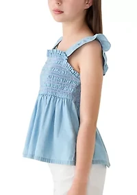 Girls 7-16 Chambray Smocked Flutter Sleeve Top