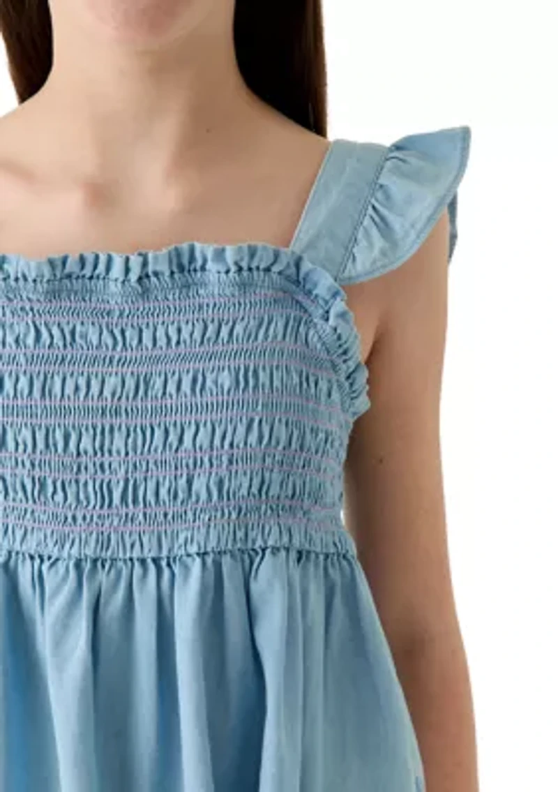 Girls 7-16 Chambray Smocked Flutter Sleeve Top