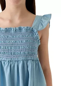 Girls 7-16 Chambray Smocked Flutter Sleeve Top