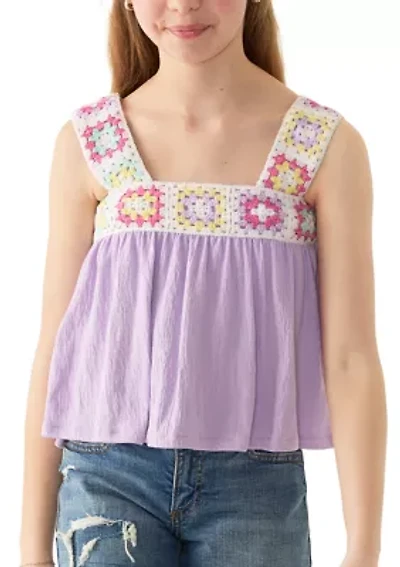 Girls 7-16 Crochet Trim Gauze Tank Top
