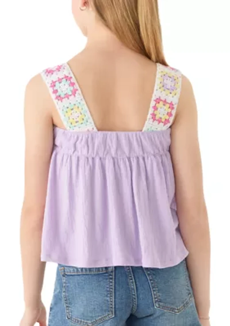 Girls 7-16 Crochet Trim Gauze Tank Top