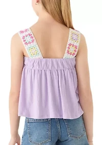 Girls 7-16 Crochet Trim Gauze Tank Top