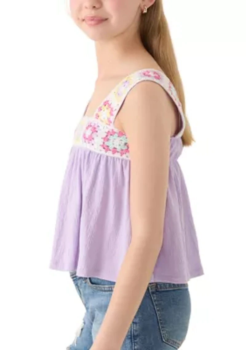 Girls 7-16 Crochet Trim Gauze Tank Top
