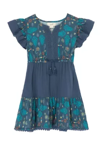 Girls 7-16 Short Flutter Sleeve Floral Gauze Dress with Lace