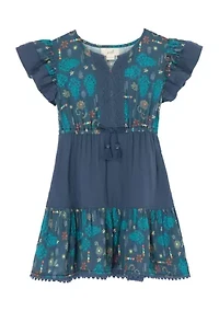 Girls 7-16 Short Flutter Sleeve Floral Gauze Dress with Lace