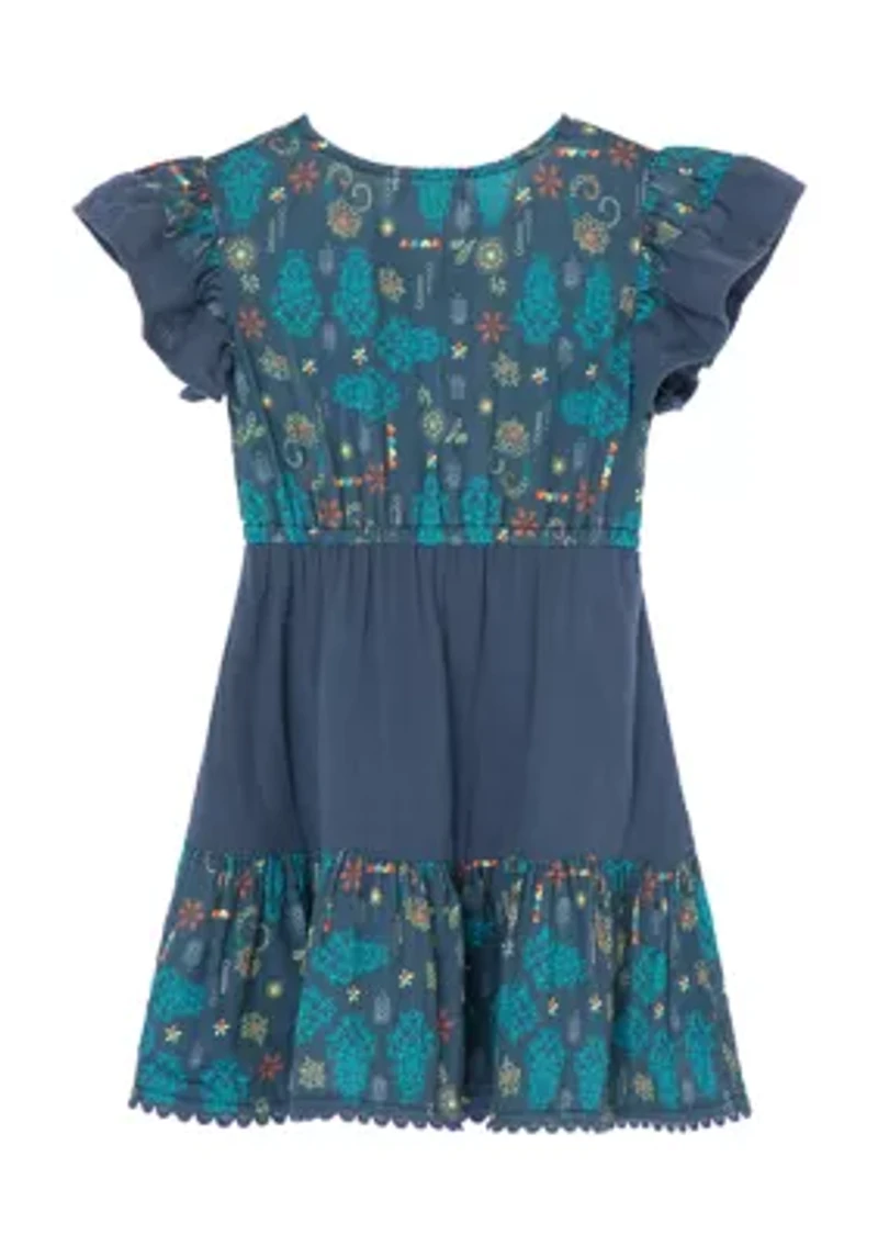 Girls 7-16 Short Flutter Sleeve Floral Gauze Dress with Lace