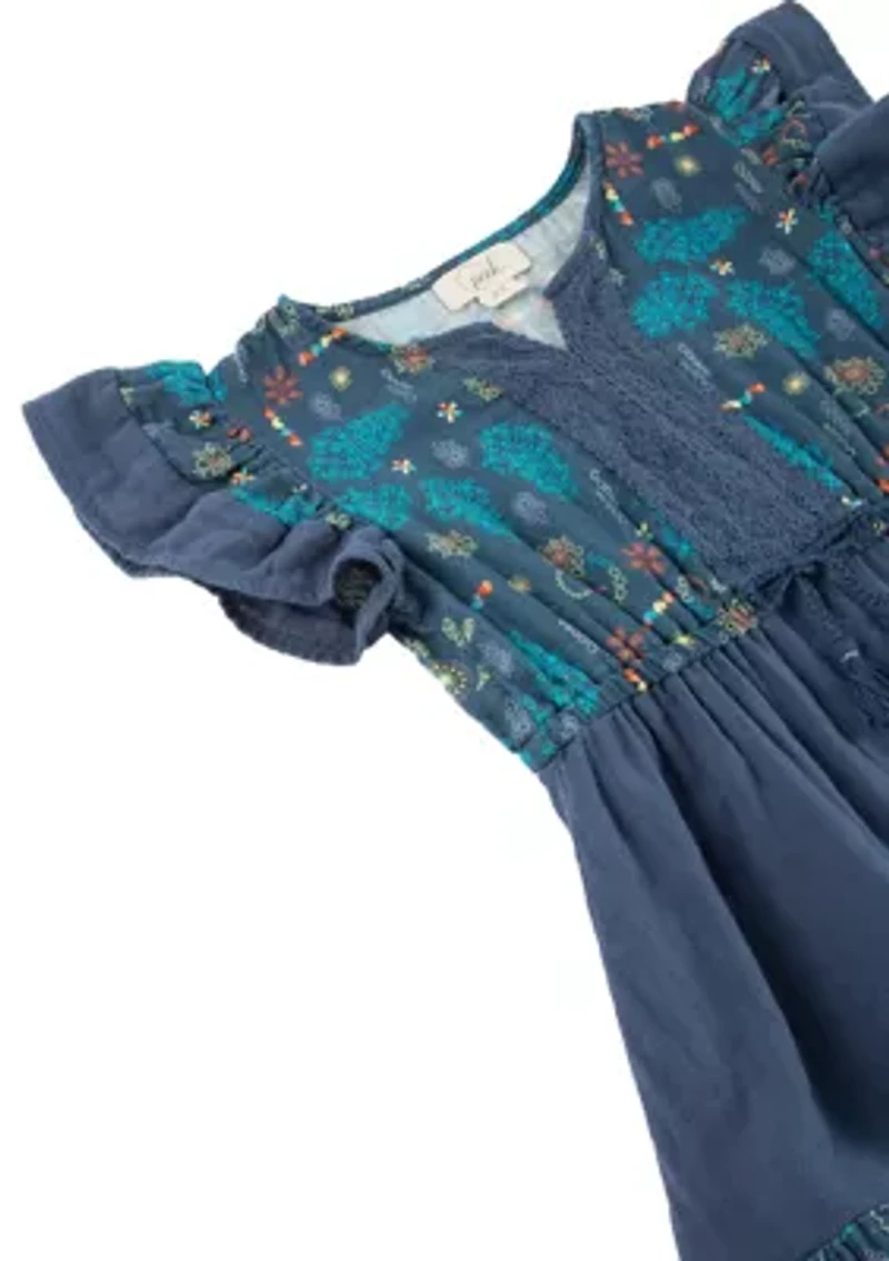 Girls 7-16 Short Flutter Sleeve Floral Gauze Dress with Lace