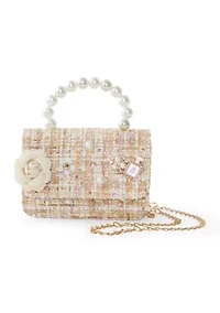 Girls Pink Tweed Purse with Pearl Handle