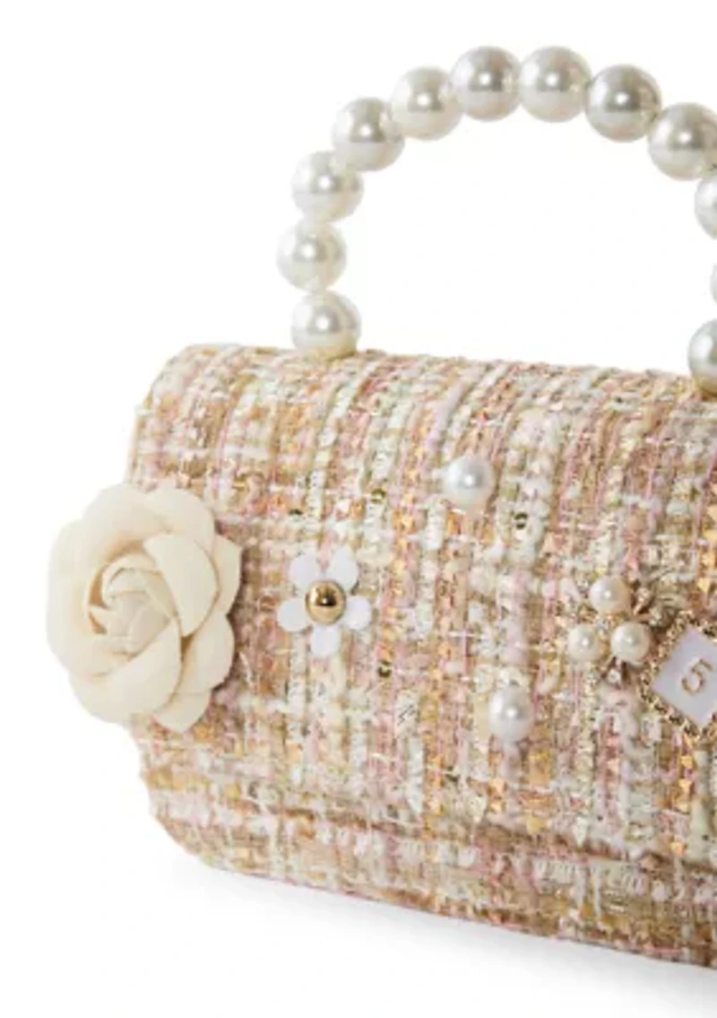 Girls Pink Tweed Purse with Pearl Handle