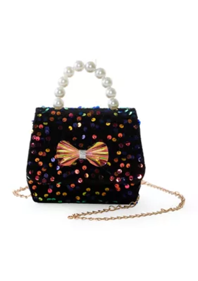 Sequin Bow Bag with Pearl Handle
