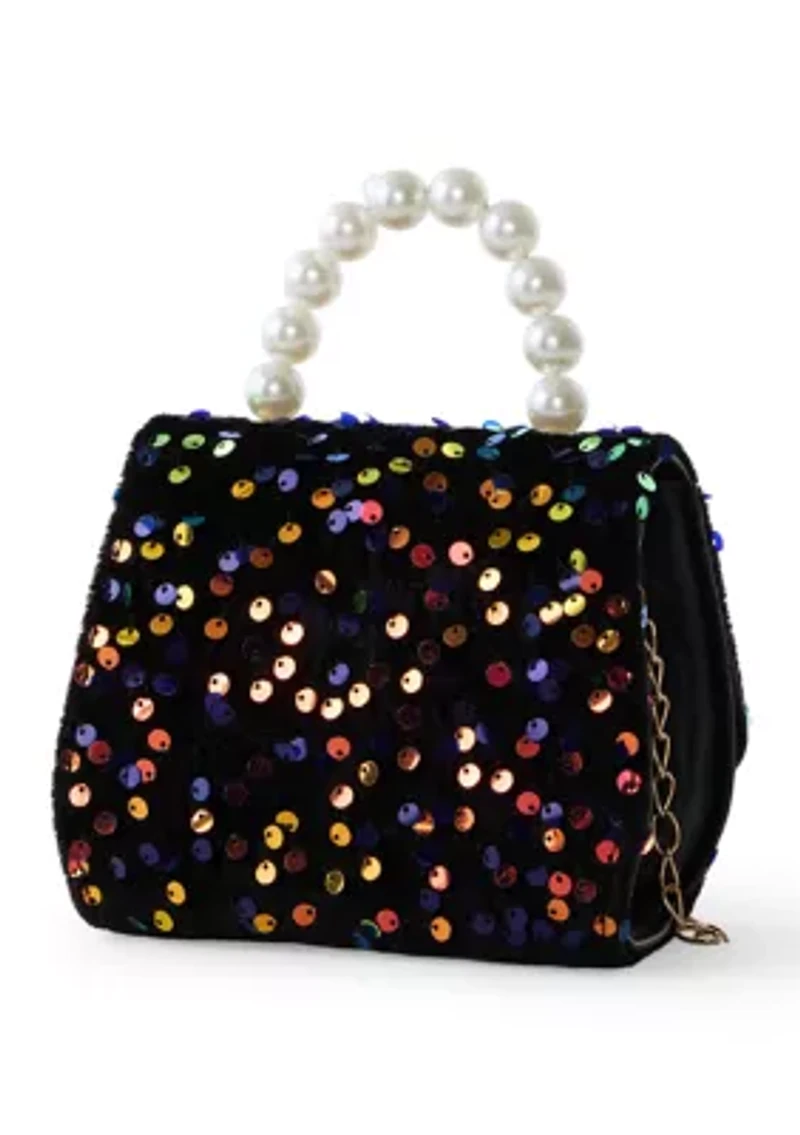 Sequin Bow Bag with Pearl Handle