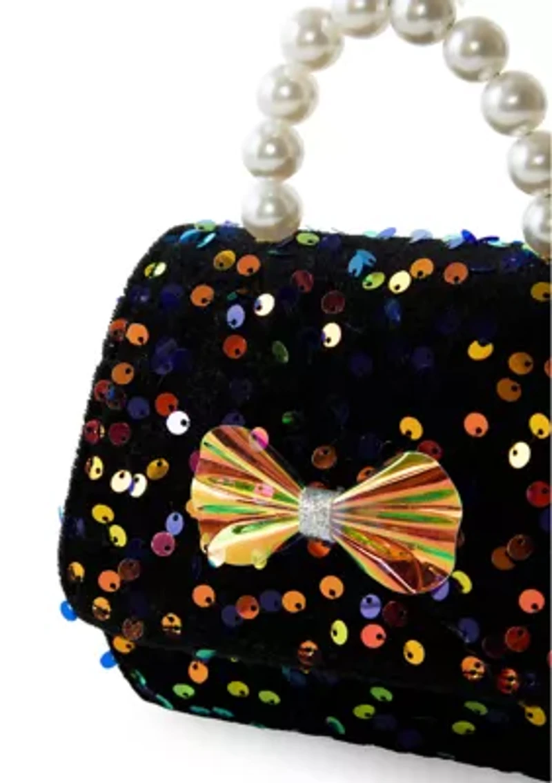 Sequin Bow Bag with Pearl Handle