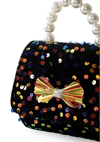 Sequin Bow Bag with Pearl Handle
