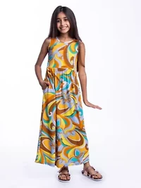 Girls Yellow Floral Print Sleeveless Maxi Dress