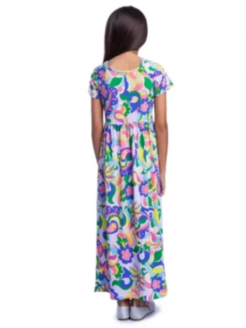 24seven Comfort Apparel Girls Floral Print Short Sleeve Pleated Maxi Dress