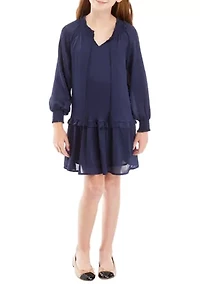 Girls 7-16 Smocked Cuff Tie Neck Dress