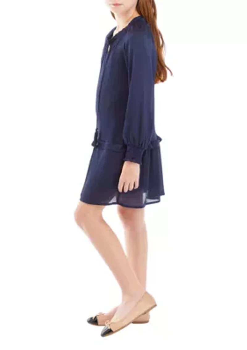 Girls 7-16 Smocked Cuff Tie Neck Dress
