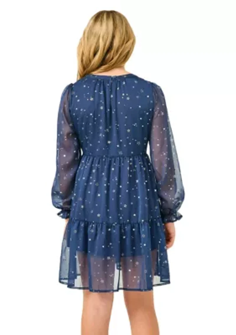 Girls 7-16 Sheer Foil Star Printed Dress