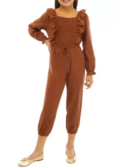 Girls 7-16 Long Sleeve Jumpsuit with Shoulder Ruffles